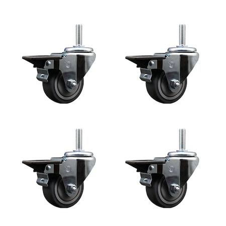 Service Caster 3 Inch Thermoplastic Rubber Wheel Swivel 58 Inch Threaded Stem Caster Set with Brake SCC SCC-TS20S314-TPRB-PLB-58212-4